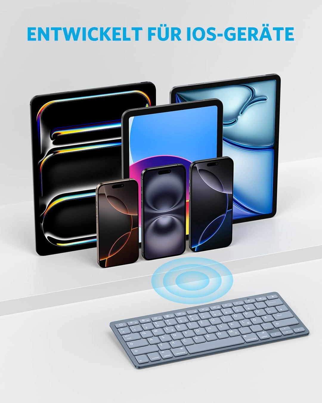 OMOTON deutsche Bluetooth Tastatur für iPad 10.9/10.2/9.7, Air 6/5/4/3, Pro 13/12.9/11/10.5 und iPho