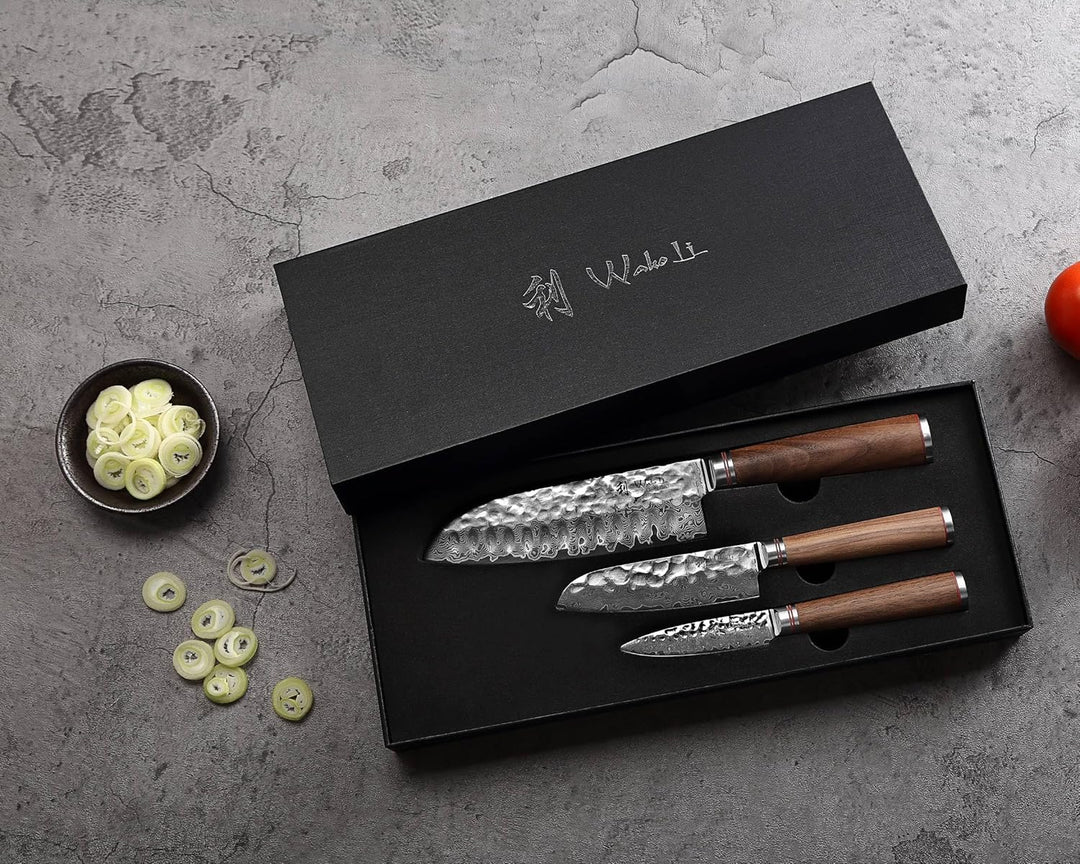Wakoli Nussbaum Exklusives 3er Messerset – Premium Damast Santoku Messer, Kleines Santokumesser & Of