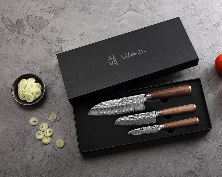 Wakoli Nussbaum Exklusives 3er Messerset – Premium Damast Santoku Messer, Kleines Santokumesser & Of