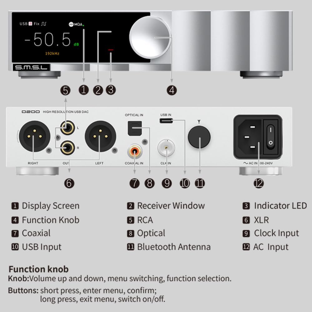 SMSL D200 Audio-Decoder, USB/Optisch/Koaxial/Bluetooth-Eingang, MQA/MQA – CD unterstützt, ROHM BD343