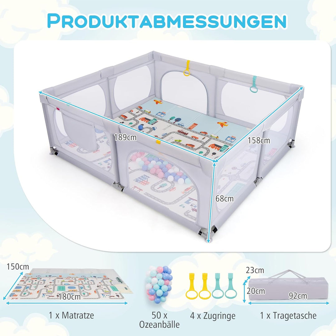 DREAMADE Laufstall Baby, 189 x 158 cm Laufgitter mit Matratze & 4 Zugringen & 50 Ocean Bällen & Trag