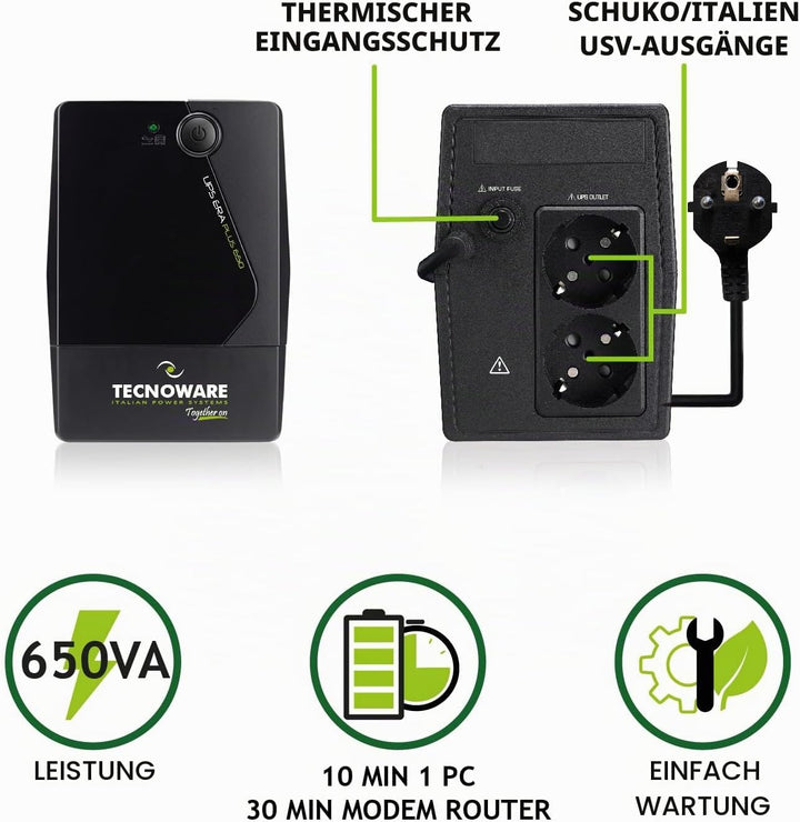 Tecnoware UPS 650VA für PC/Modem, Nicht für Gaming/Konsole, ERA Plus USV, 2 Schuko, Schutz vor Strom
