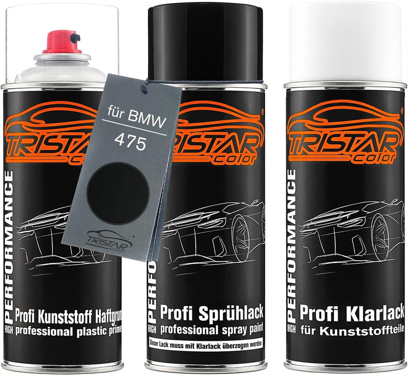 TRISTARcolor Autolack Spraydosen Set für Kunststoff Stossstange für BMW 475 Blacksaphire Metallic Ha