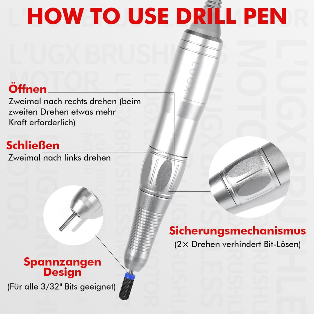 L'UGX Professioneller Nagelfräser – Brushless Motor 45.000 U/min, Elektrische Nagelfeile für Gelnäge