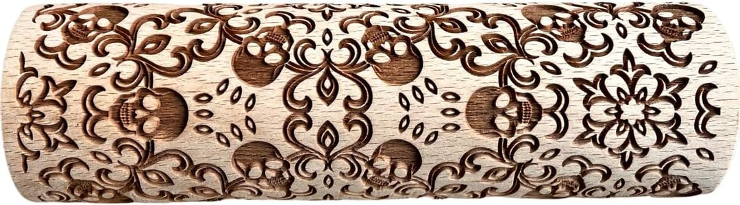 SCHÄDEL Halloween Nudelholz mit Muster - Teigroller Holz mit Totenkopf für DIY Plätzchen, Kekse- Gra