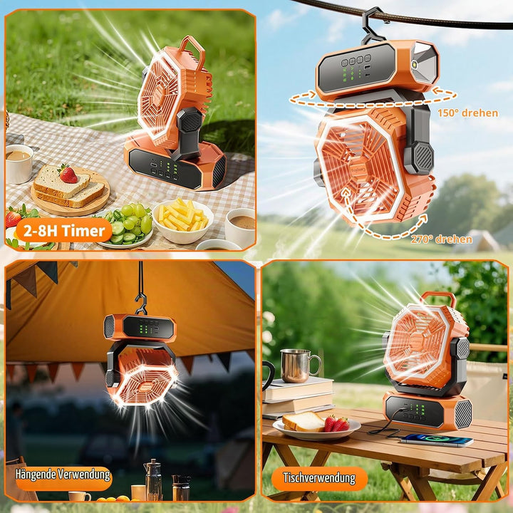 Tragbarer Campingventilator mit Licht, Camping Ventilator mit Fernbedienung, Timer, 3 Geschwindigkei