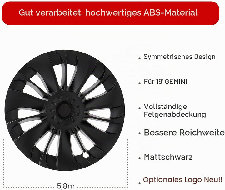 KAVANIC passend für Tesla Model Y Radabdeckung, Radkappe 19 Zoll, Mattschwarz, unterstützt Logo-Symm
