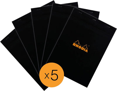 Rhodia 182009C - Packung mit 5 Notizblöcken geheftet No.18, DIN A4 80 Blätter kariert 80g, Schwarz,