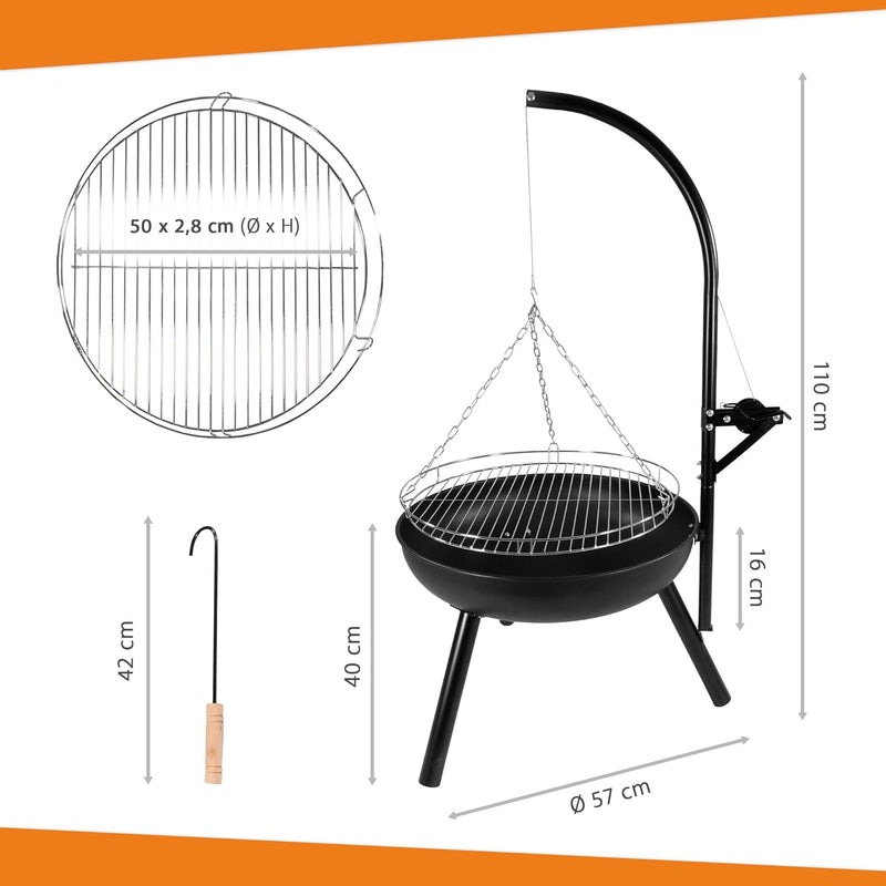 NATIV Lemodo Feuerschale mit Grillrost - Dreibein-Schwenkgrill - Dreifuss-Grill mit Kurbel zur Höhen