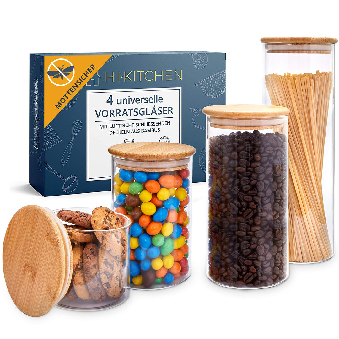 HIKITCHEN® Vorratsgläser aus 3mm dickem Borosilikatglas - Vorratsdosen Glas mit Bambusdeckel, Glasbe
