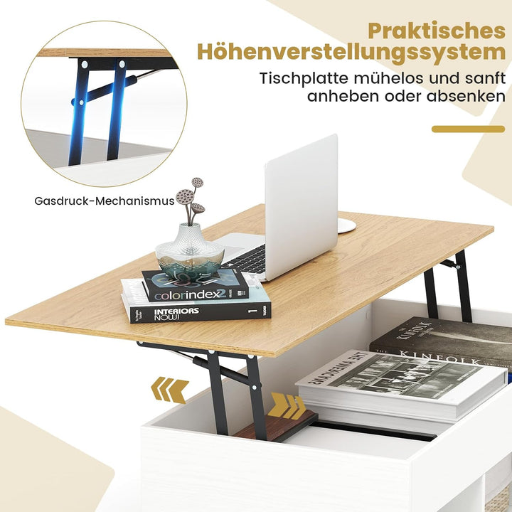 COSTWAY Couchtisch Höhenverstellbar, Beistelltisch mit anhebbarer Tischplatte &amp; 3 offenen Fächern, W