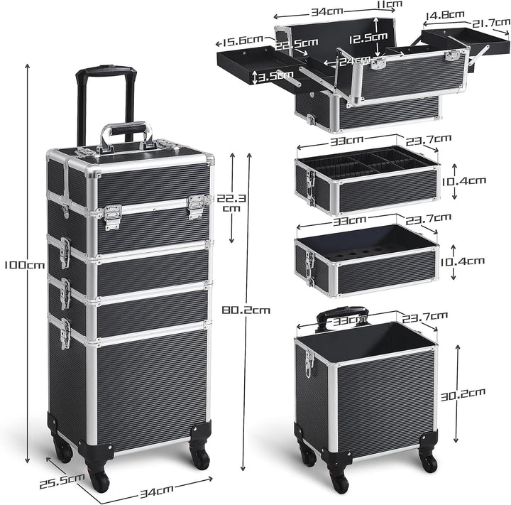 Yaheetech 5-in-1 Aluminium-Kosmetikkoffer, Abschliessbarer Schminkkoffer, Grosser Multikoffer mit 36