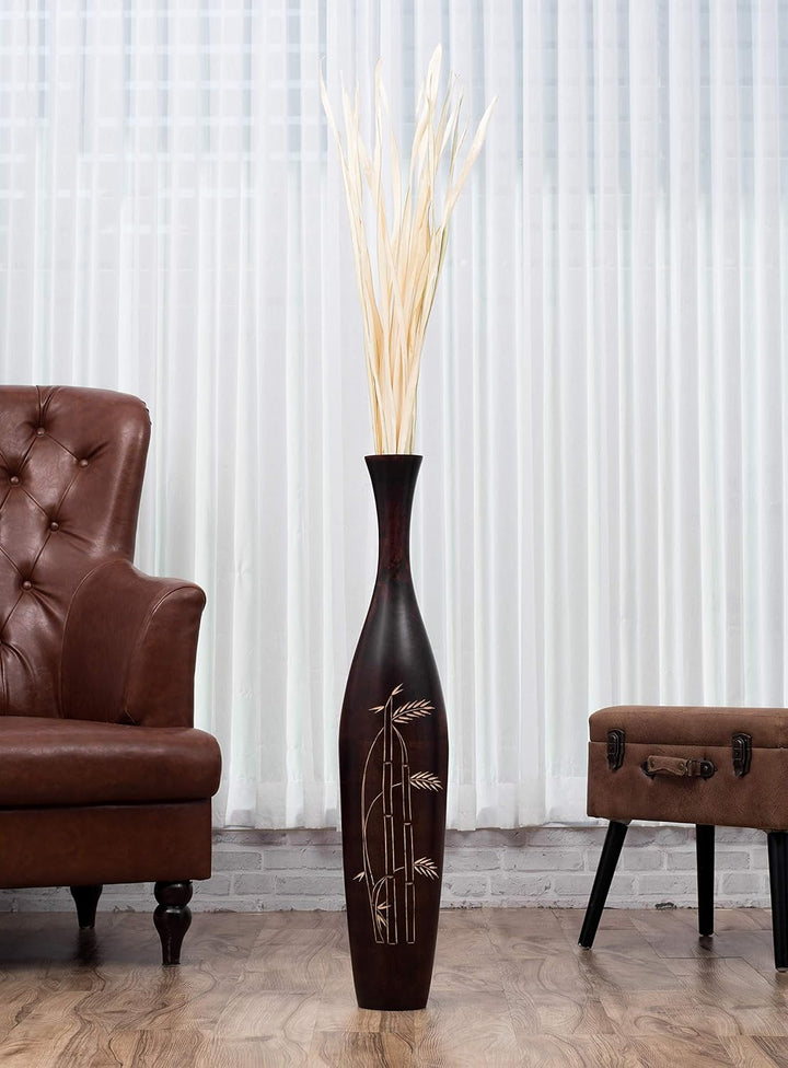 Leewadee Grosse Bodenvase für Dekozweige hohe Standvase Design Holzvase, Holz, 90 cm, Braun, 90 cm