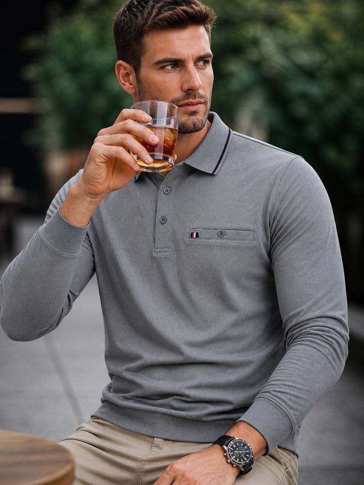 Soltice Herren Langarm Poloshirt, Kariert Kragen Polohemd mit Brusttasche, Blousonshirt aus Baumwoll