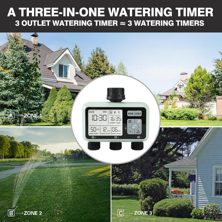 Kazeila Water Timer Bewässerungscomputer 3 Anschlüsse,3 Separate Programme,Bewässerungsuhr Digital P