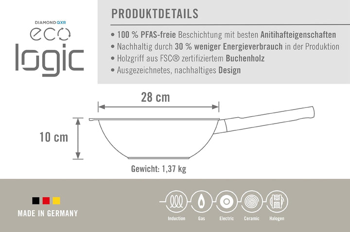 Woll Eco Logic QXR Wok- und Rührpfanne und Rührpfanne - Induktiv -, Ø 28 cm, 10 cm hoch, mit festem