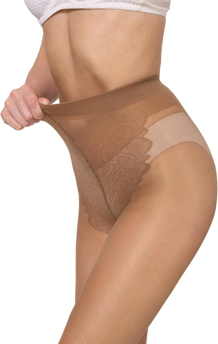 BANANALU 40 Den Spitzen Strumpfhose Bikinihöschenteil Mattoptik S Caramel - 3er Set, S Caramel - 3er