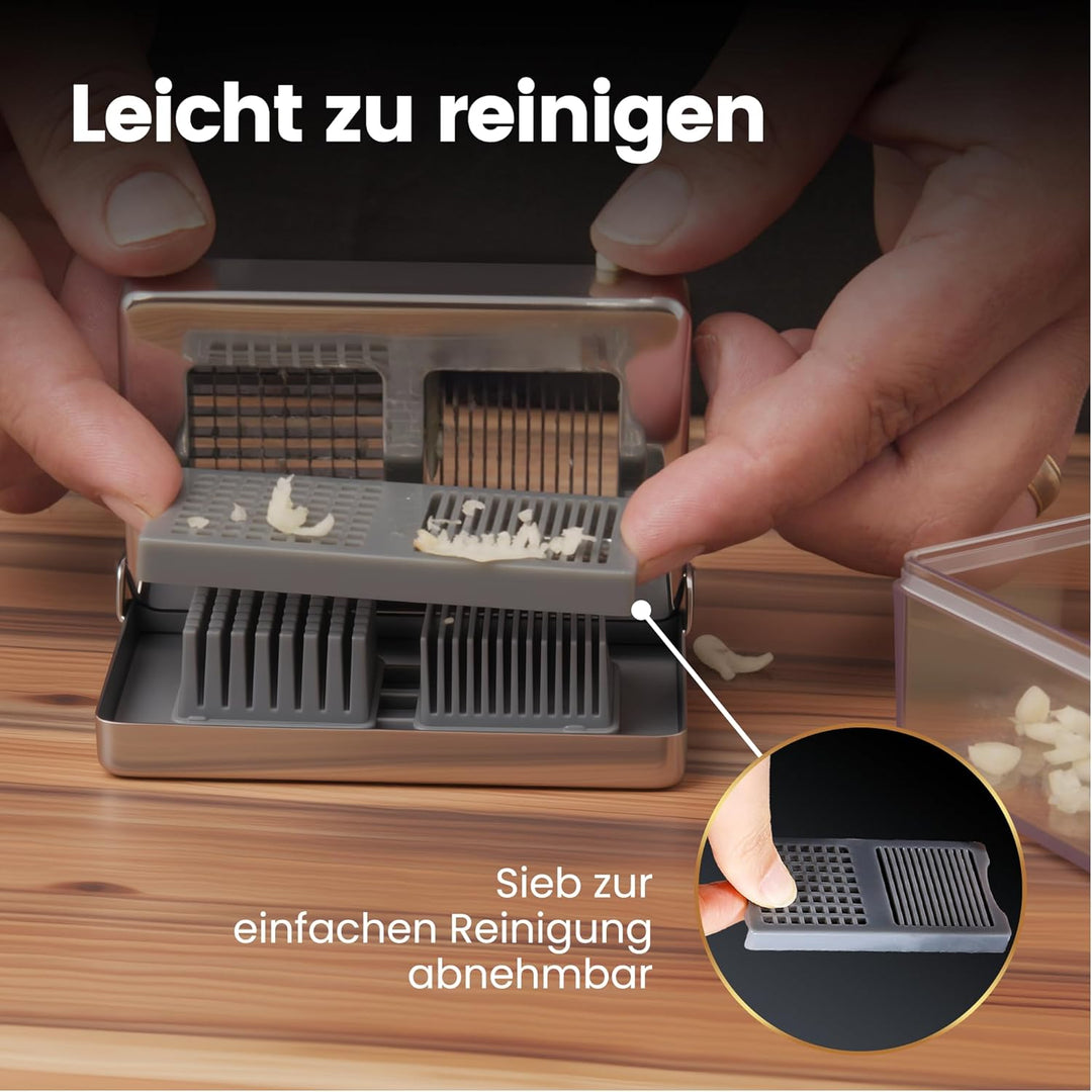 Knoblauchpresse Edelstahl 2-in-1 – Knoblauchschneider & Knoblauch Zerkleinerer mit Auffangbehälter,
