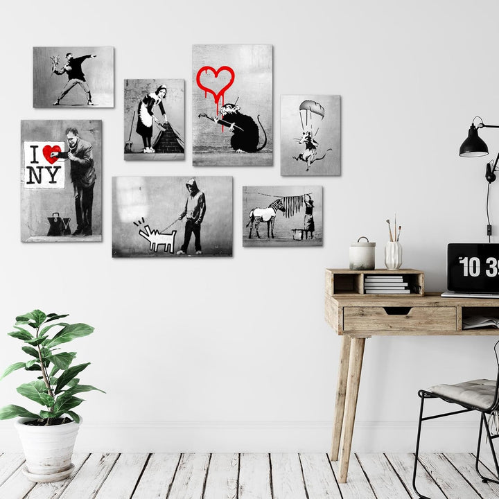 Novart Wandbilder Banksy Collage - KOMPLETT AUFHÄNGFERTIG - Street Art Wohnzimmer Büro - 7 Moderne M