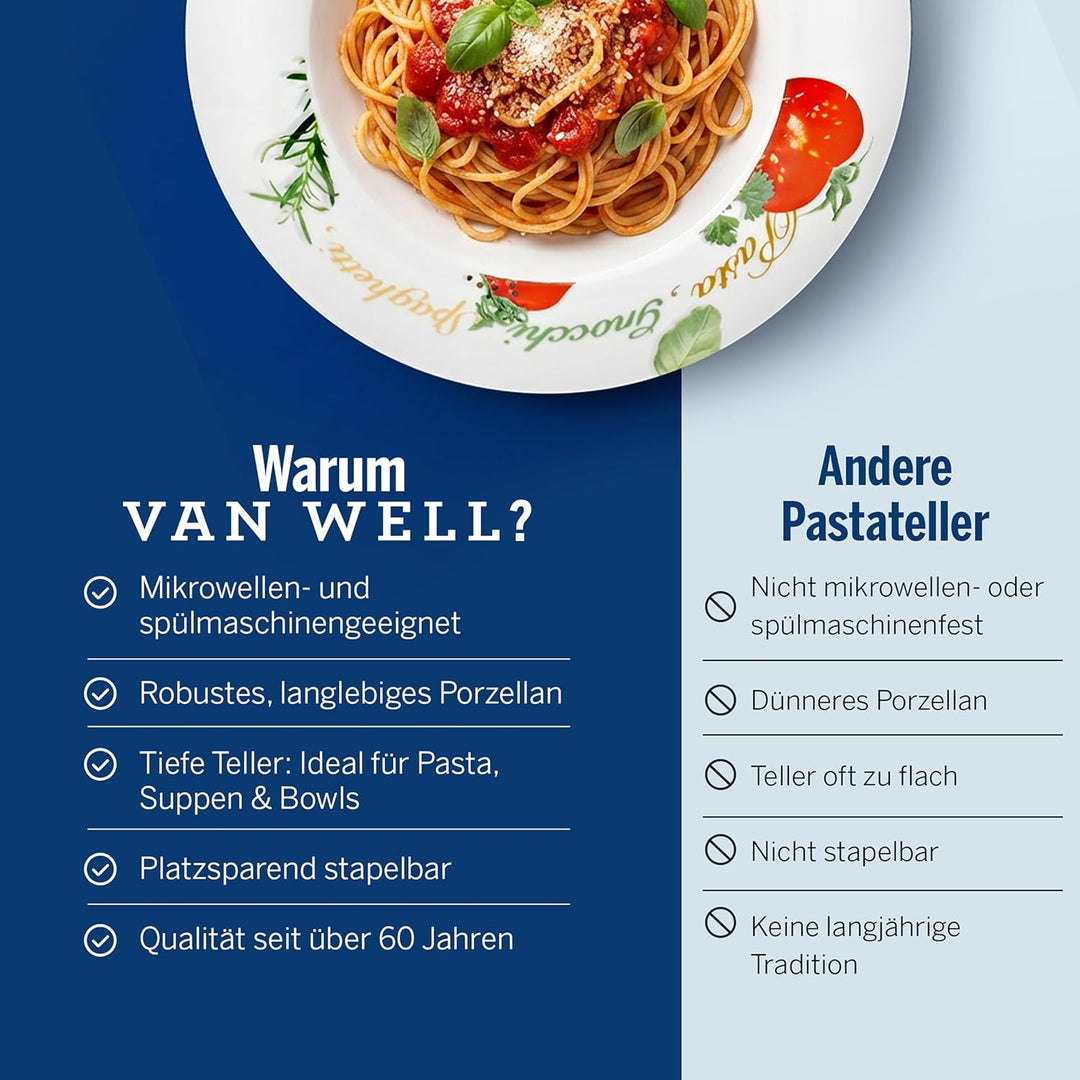 Van Well 6er Pasta-Teller-Set Milano mit Aufdruck I Ø 27 cm Porzellan-Teller I tiefe Nudelteller I S
