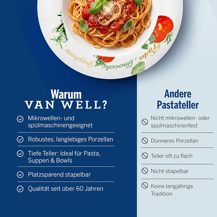 Van Well 6er Pasta-Teller-Set Milano mit Aufdruck I Ø 27 cm Porzellan-Teller I tiefe Nudelteller I S