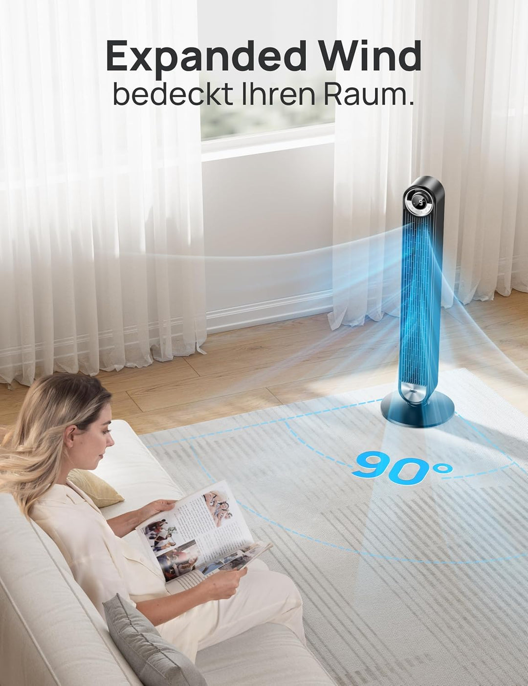 Dreo Smart Leiser Turmventilator mit Kühlung, 106cm WiFi Alexa Tower Fan, 90° oszillierender Ventila