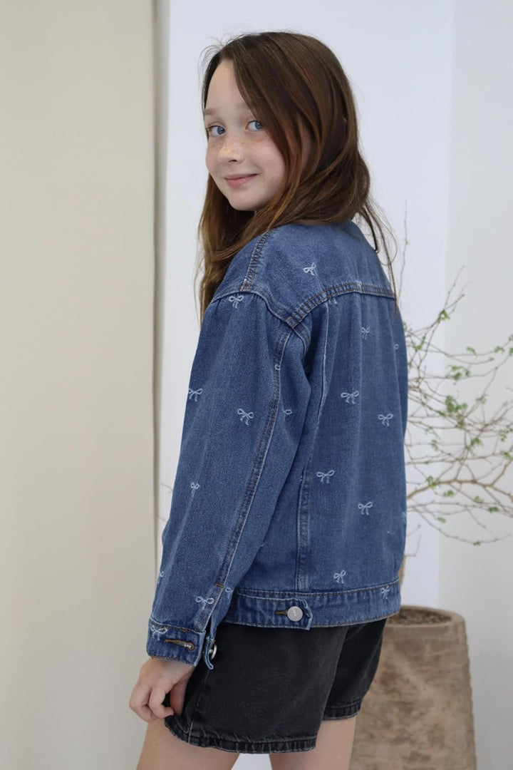 Rolanko Jeansjacke für Mädchen, Basic Trucker Jacke aus Denim Outwear Button Down Jeans Hemden 6-7 J