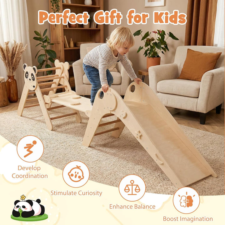 FANTASK Kletterdreiecke Indoor 3er Set, Klappbares Klettergerüst Holz mit Rutsche, Rampe & Kletterle