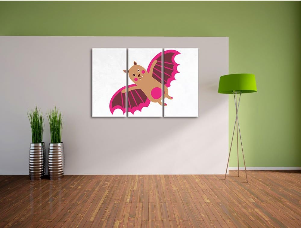 Pixxprint Niedliche Fledermaus / 3-Teilig/Gesamtmass 120cm Leinwandbild bespannt auf Holzrahmen/Wand