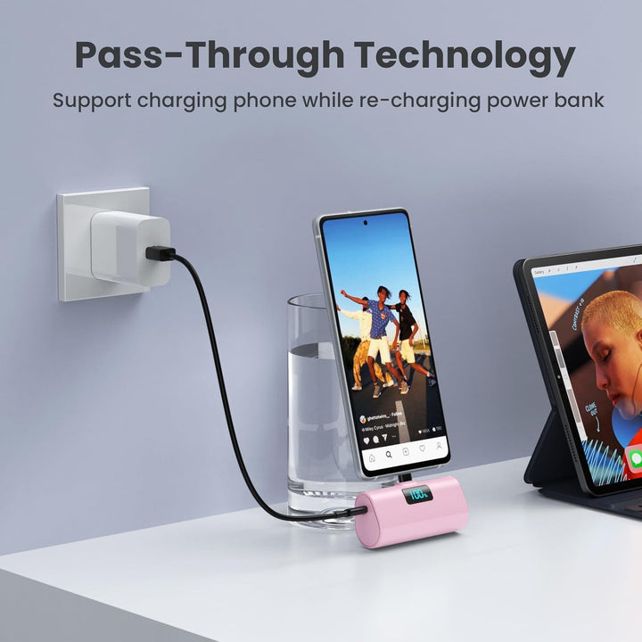 Mini Powerbank 5200mAh, Klein Power Bank USB C PD Externer Akku, Compact LCD Digitalanzeige Akkupack
