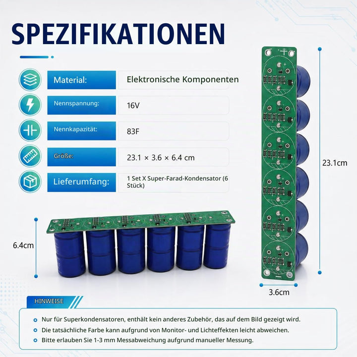 Uadme Super Farad Kondensator, 6pcs/Set 16V 83F Super Farad Kondensator Einreihig 2,7V 500F Elektrol