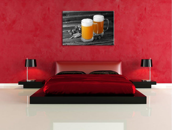 Zwei Biergläser Hefeweizen mit Hopfen auf Holztisch schwarz/weiss Format: 100x70 auf Leinwand, XXL r