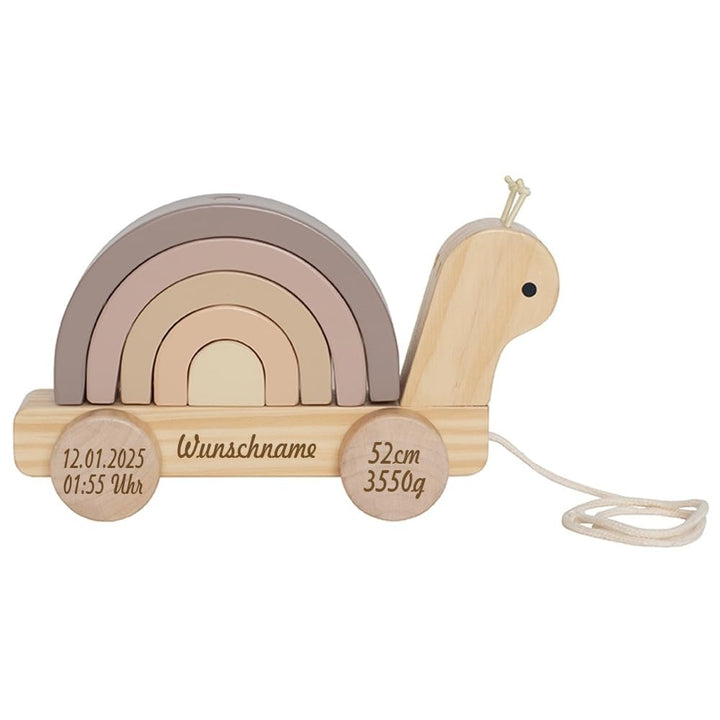 Nachziehtier aus Holz personalisierbar mit Name und Geburtsdaten des Kindes Gravur Holzspielzeug Zie