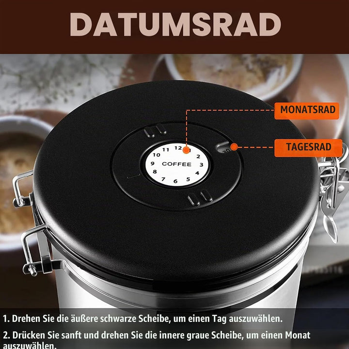 Nizirioo 1,8L Kaffeedose Luftdicht aus Edelstahl Kaffeedosen Kaffeebehälter Aromadicht mit Löffel Ka
