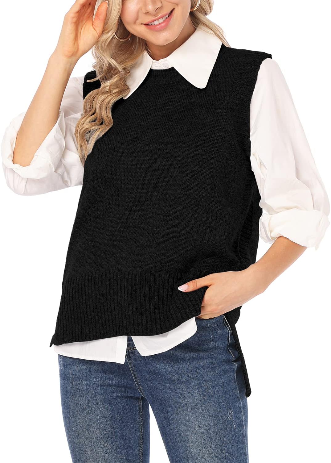 Dilgul Damen Weste Pullunder Ärmellos Weste Strick Winter Strickweste Pullover Rundhalsausschnitt St