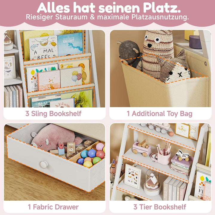 Quikraen Bücherregal Kinder, Kinderregal mit 4 Ablage und 3 Offenen Fächern, Montessori Bücherregal,