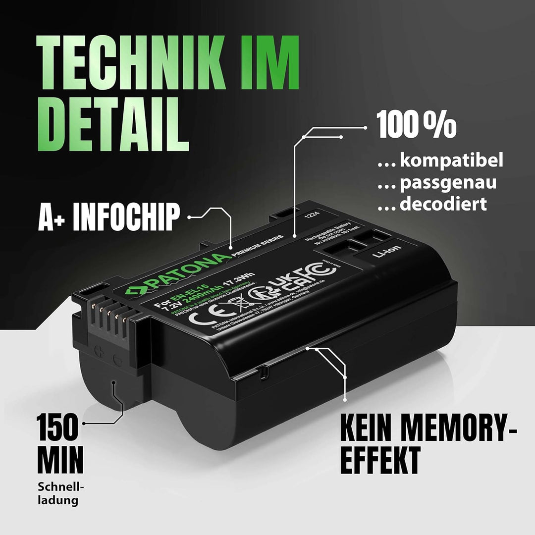 PATONA Premium Akku EN-EL15b 2400mAh Ersatz für Nikon EN EL15 ENEL15b Kompatibel mit Nikon 1 V1 Z6 Z