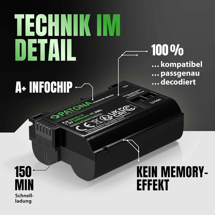 PATONA Premium Akku EN-EL15b 2400mAh Ersatz für Nikon EN EL15 ENEL15b Kompatibel mit Nikon 1 V1 Z6 Z