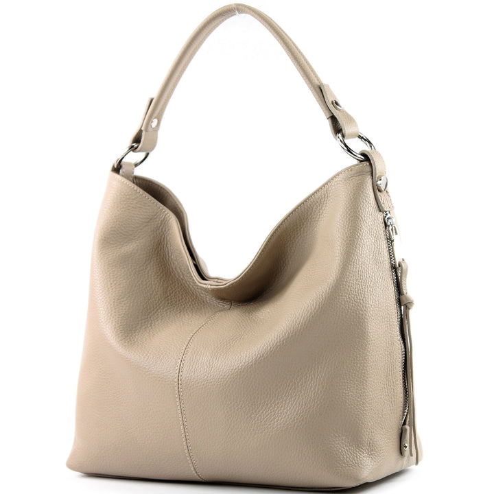 modamoda de T160 Damen Leder Schultertasche Gross, handmade in Italy Graubeige, Graubeige
