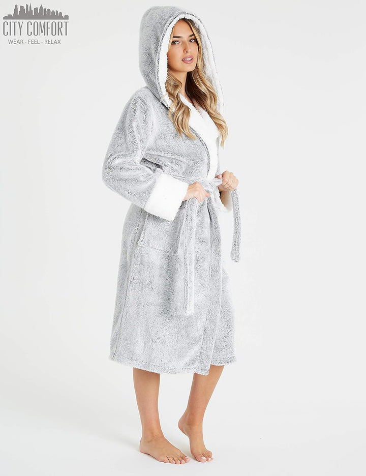CityComfort Bademantel Damen Flauschig, Fleece Morgenmantel Damen Dressing Gown Women S Grau, S Grau