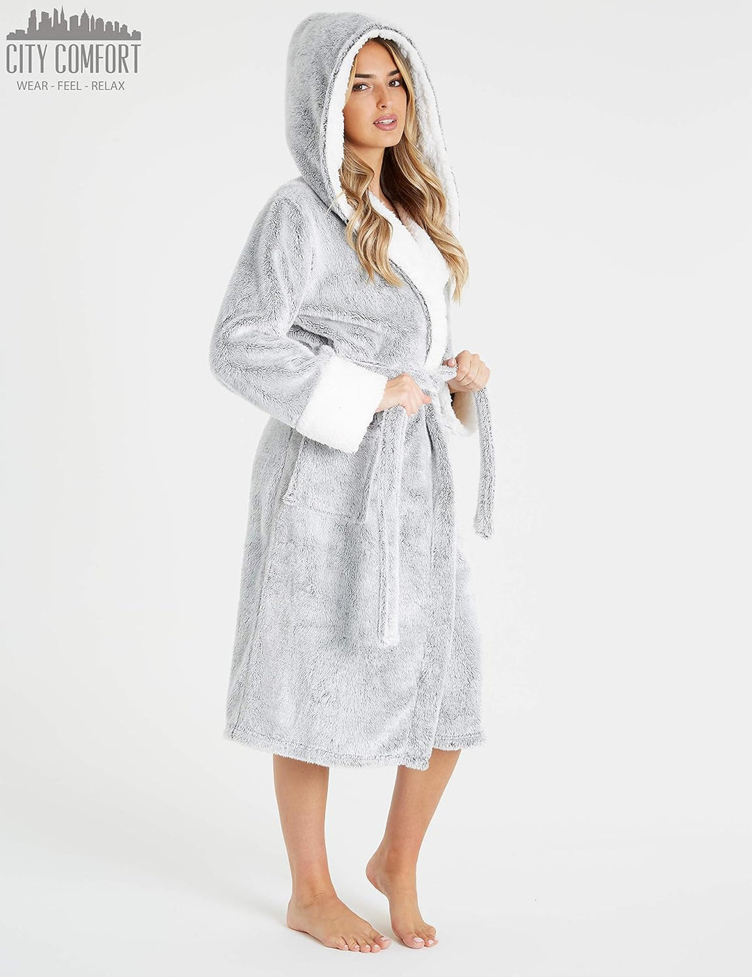 CityComfort Bademantel Damen Flauschig, Fleece Morgenmantel Damen Dressing Gown Women L Grau, L Grau