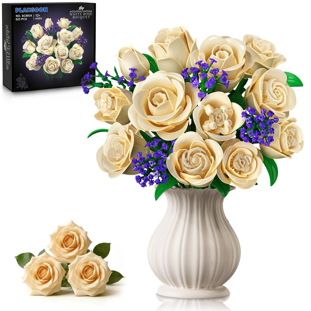 Weisse Rosenblumenstrauss-BAU Set 523 Teile Pflanzen-Sammlung Bausteinspielzeug, 12 Blumen als Heim-