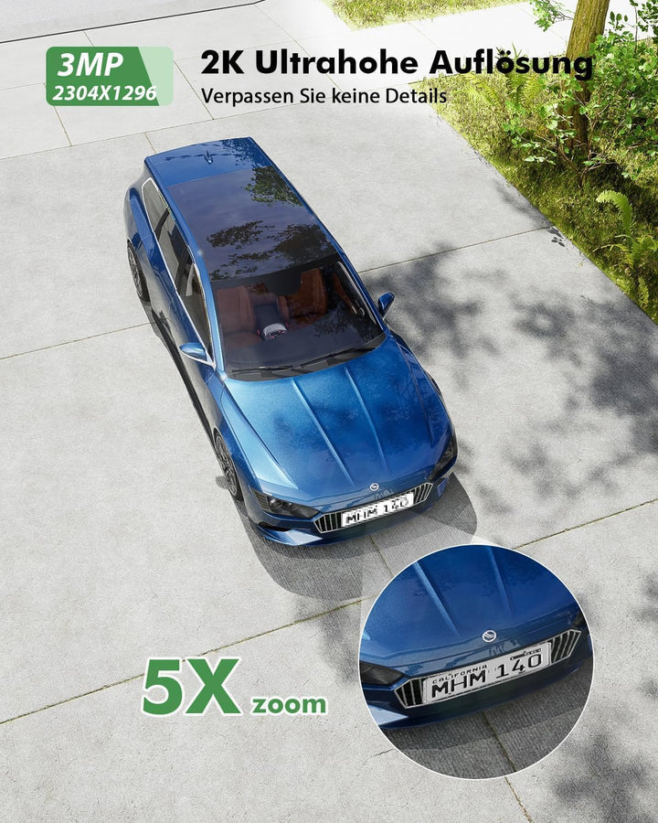 YESYAMO 2K 3MP Überwachungskamera Aussen Solar, 360° PTZ Kamera Aussen Akku | 2.4GHz Kabellos Überwa