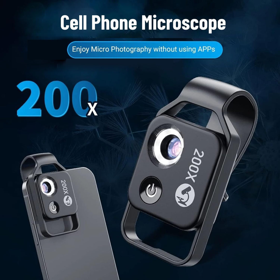 Taschen-Telefon Mikroskope, 200X Zoom-Clip auf Mikroskope Lupe mit CPL-Linse & LED-Licht, Tragbare M