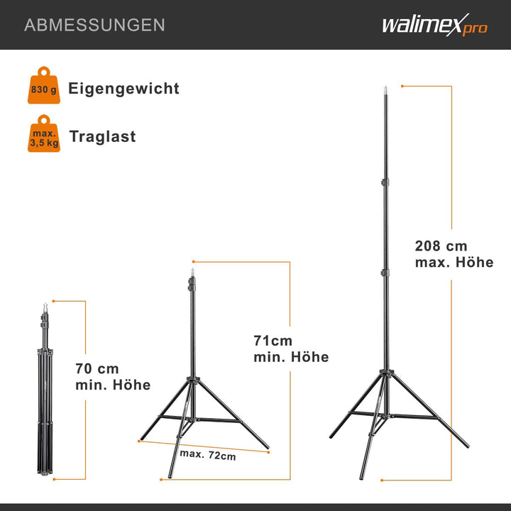Walimex pro WT-803 Lampenstativ 208cm - kompaktes leichtes Lichtstativ aus Aluminium, Höhe max. 208