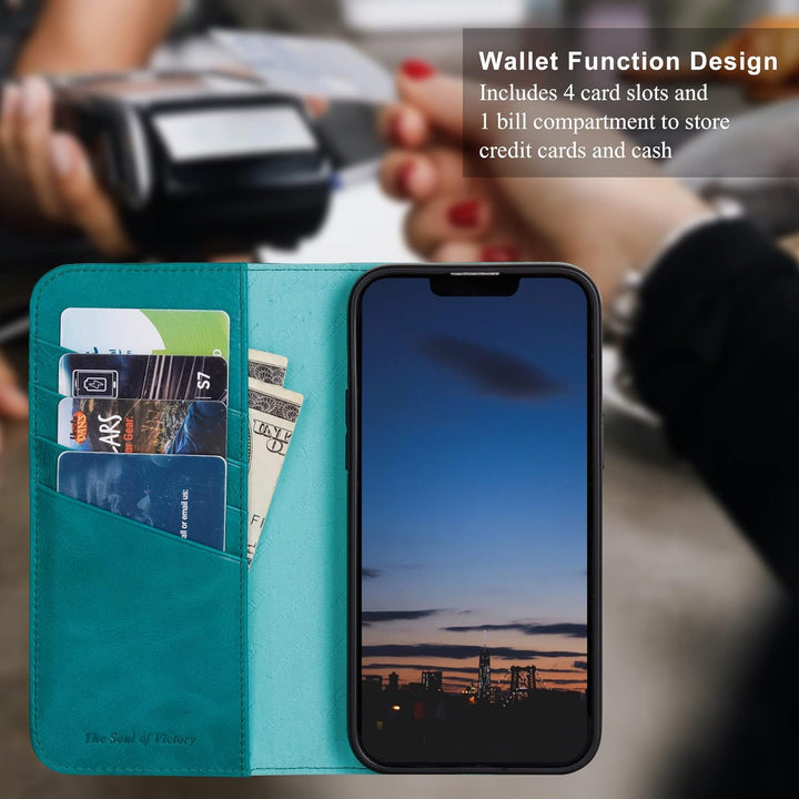 VISOUL iPhone 14 Plus Hülle, Stossfeste Handyhülle [Erstklassiges Rindsleder], TPU Schutzhülle [Kart