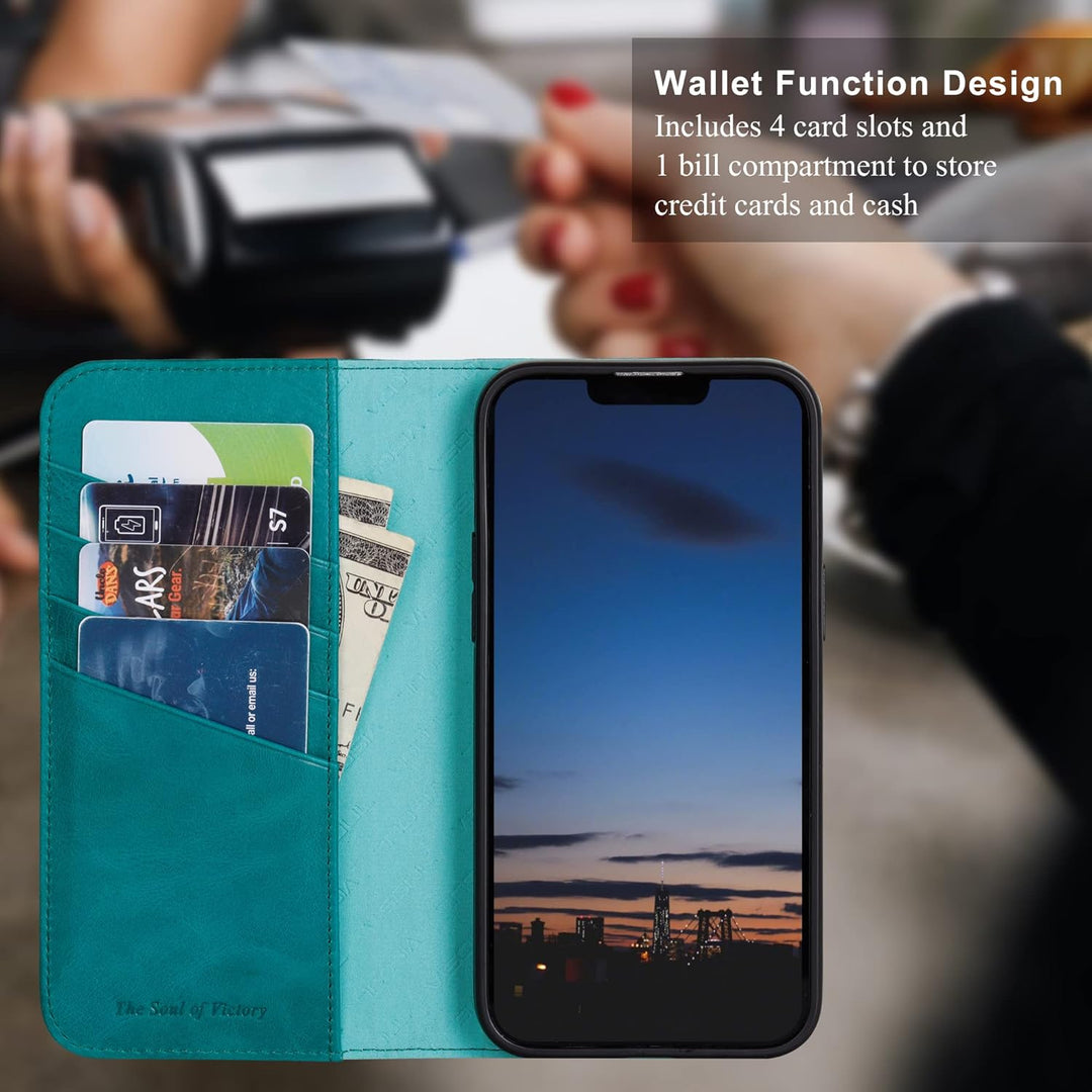 VISOUL Hülle für iPhone 14 Pro Max Handyhülle [ Echtleder] [Kartenfach] [Magnet] [Standfunktion], TP