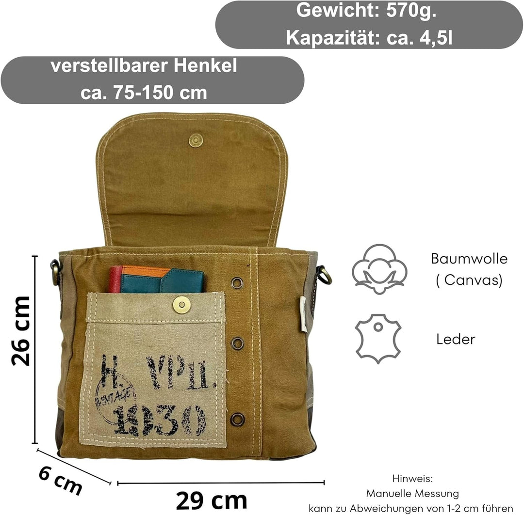 Sunsa Vintage Umhängetasche. Kleine Tasche aus Canvas & Leder. Nachhaltige Messenger Bag. Geschenk I