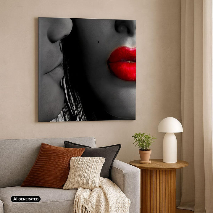 Bilder auf Leinwand 70x70cm Leinwandbild Rote Lippen dunkles Haar Modell Liebe Gross Wanddeko Bild S