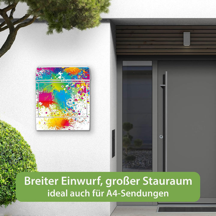 banjado® Design Briefkasten mit Motiv Farbspritzer 39x47x14cm &amp; 2 Schlüssel - Briefkasten Stahl weis